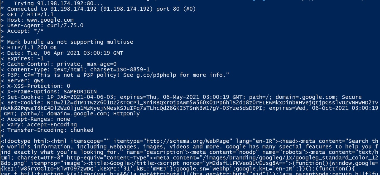 HTTP curl www.google.com with wikipedia ip