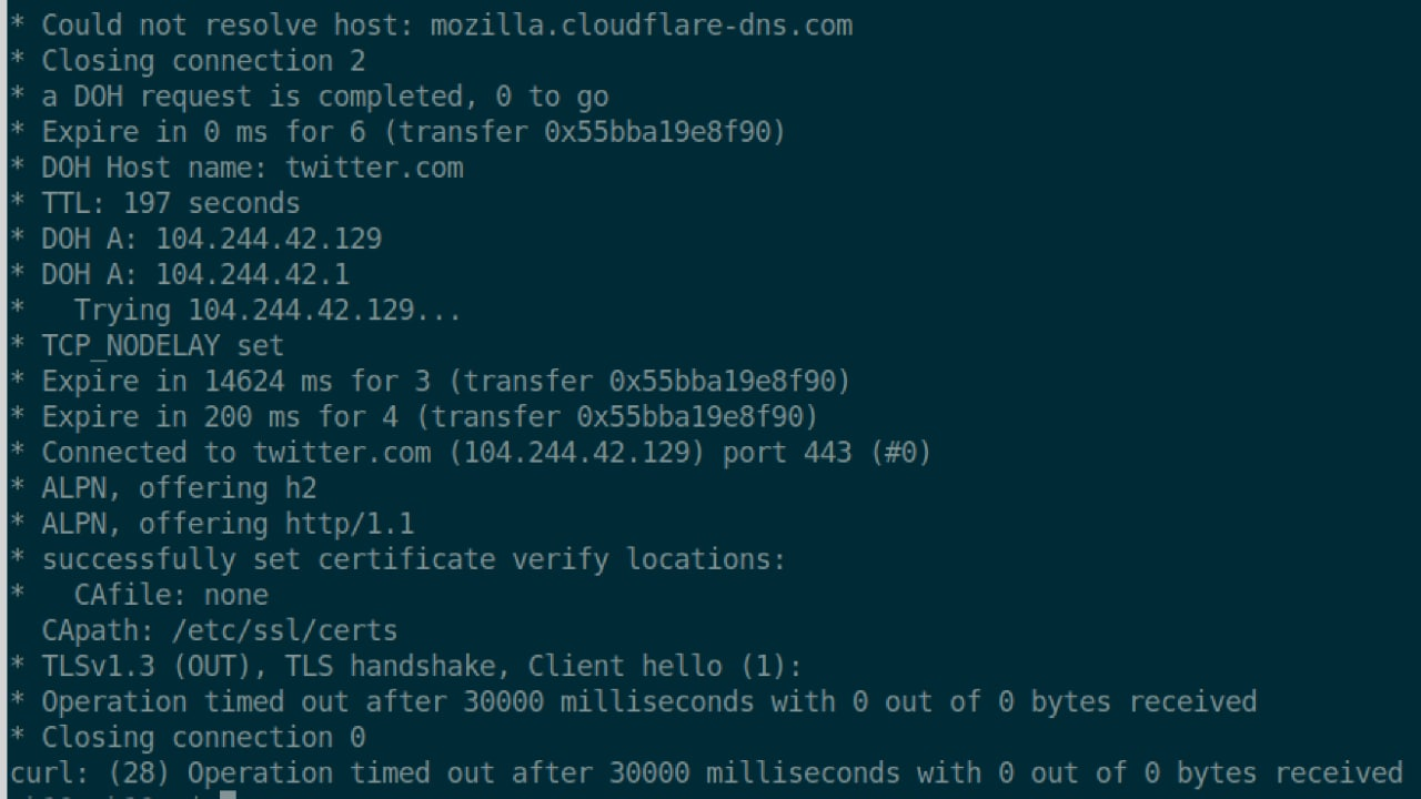 HTTPS curl twitter with doh and timeout30