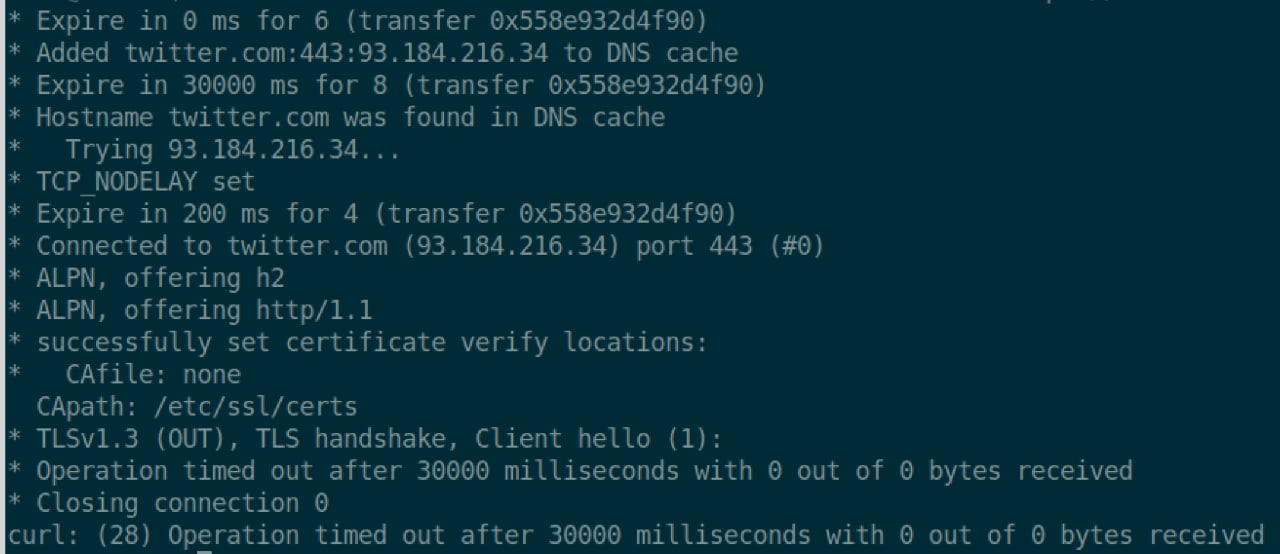 HTTPS curl twitter with resolve cache example.com ip timeout30