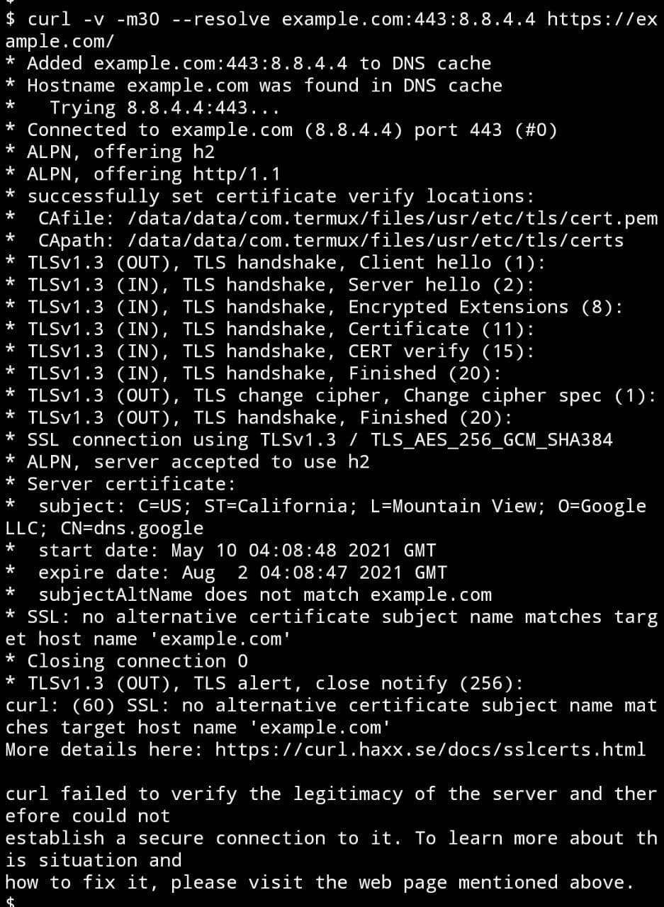 HTTPS mci curl example.com with dns.google 8.8.4.4 ip