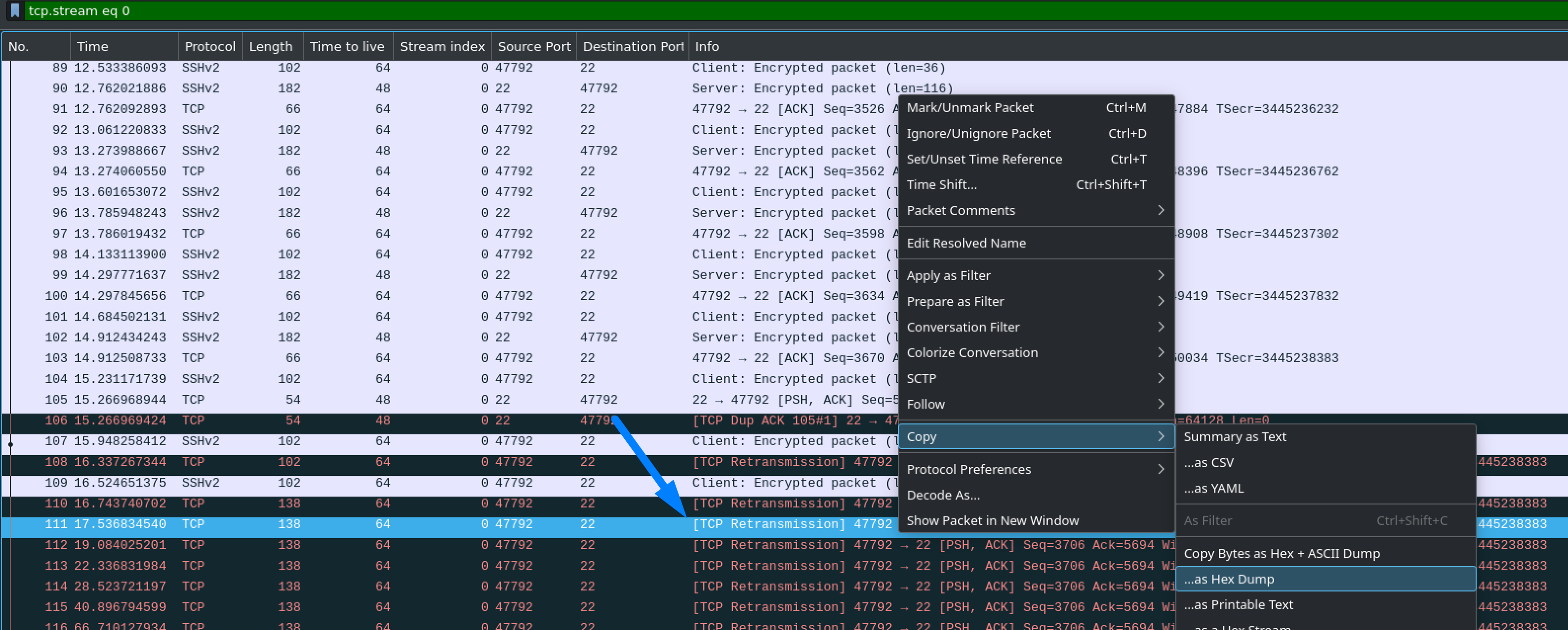 wireshark copy a packet in retransmission