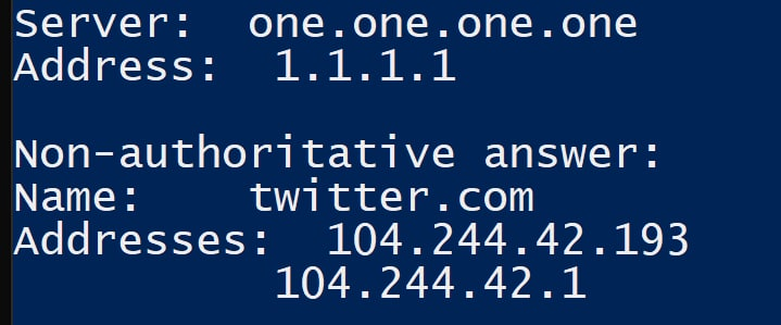 dns nslookup twitter at 1.1.1.1