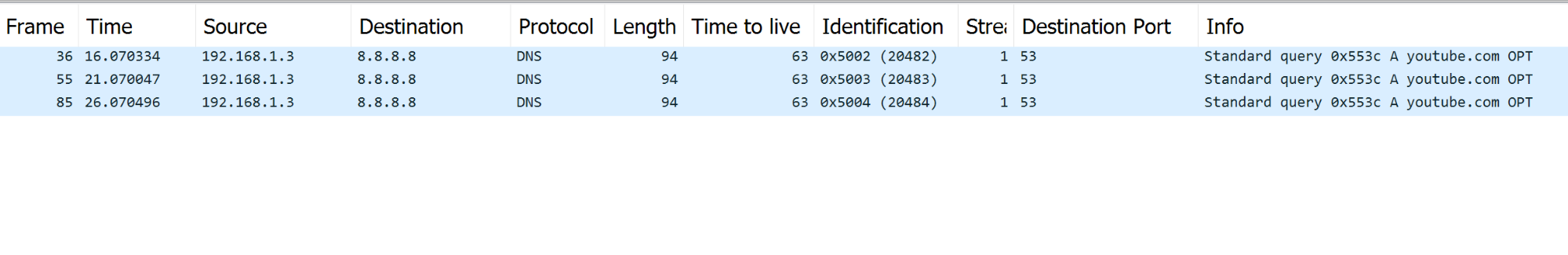 dns wireshark dig youtube at 8.8.8.8 timeout