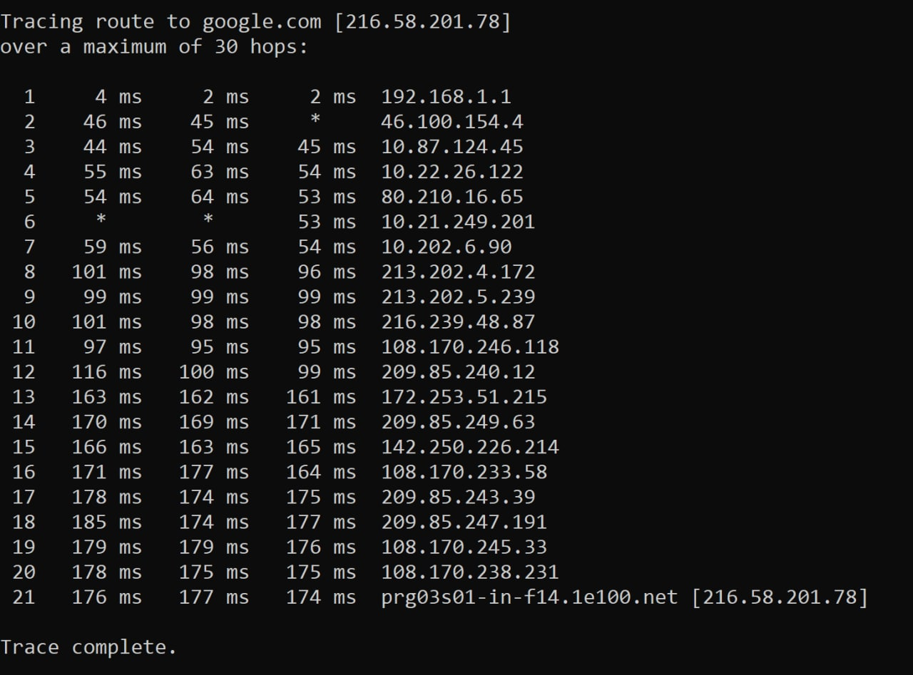 windows tracert google