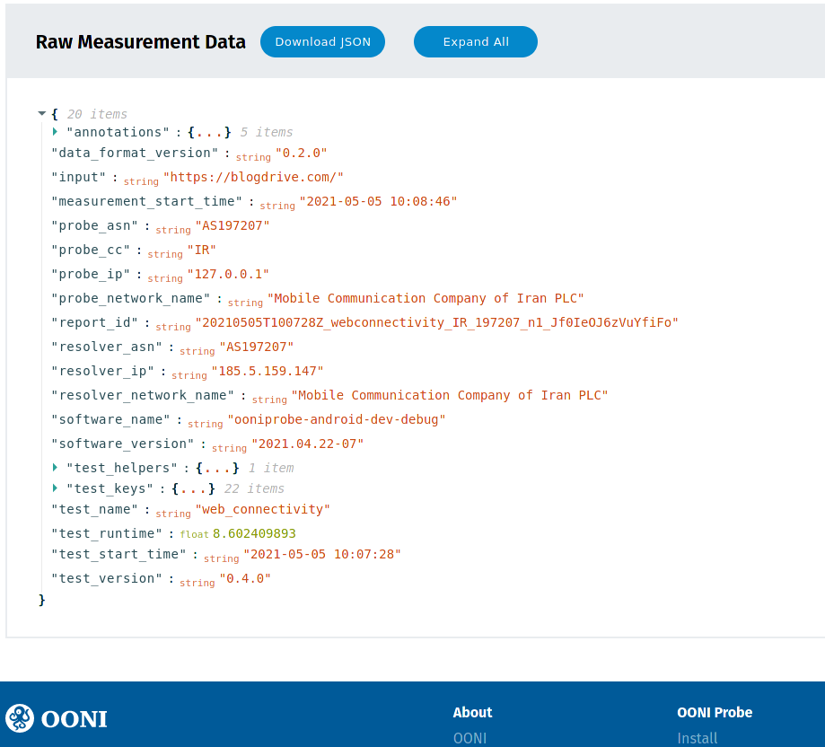 OONI explorer result data